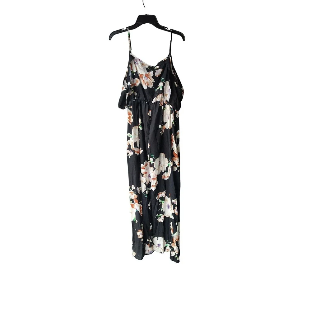 Floral Cold Shoulder‎ Maxi Dress Black Pink Lily Print V-Neck Surplice 1XL